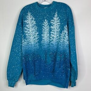 Vintage Jerzees Super Sweats Painted Tree Blue Crewneck Sweatshirt Size XL
